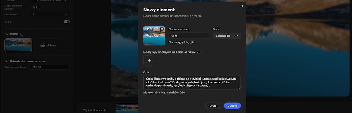 panel Nowy element z polami nazwy, typu, obrazu referencyjnego, kątów i opisu.