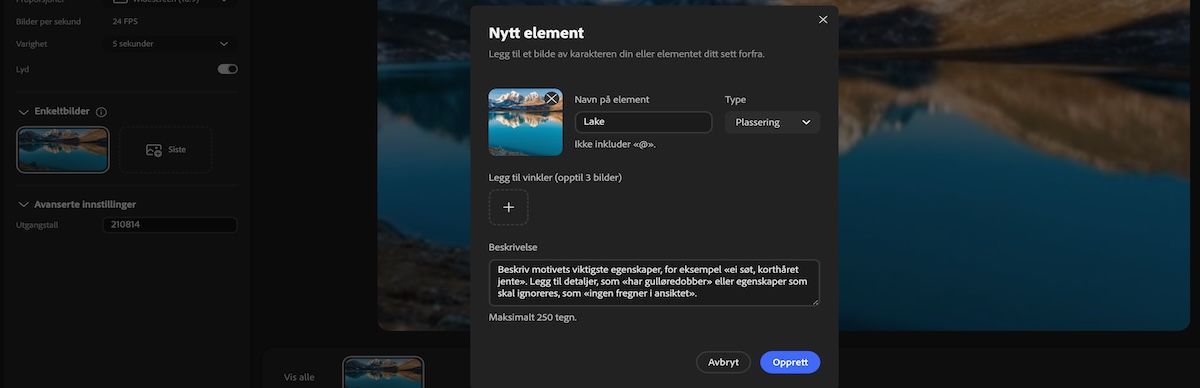 Panelet Nytt element med felter for navn, type, referansebilde, vinkler og beskrivelse.