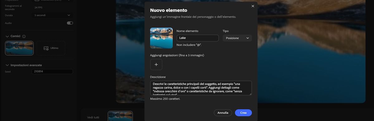 Pannello Nuovo elemento con campi per nome, tipo, immagine di riferimento, angoli e descrizione.