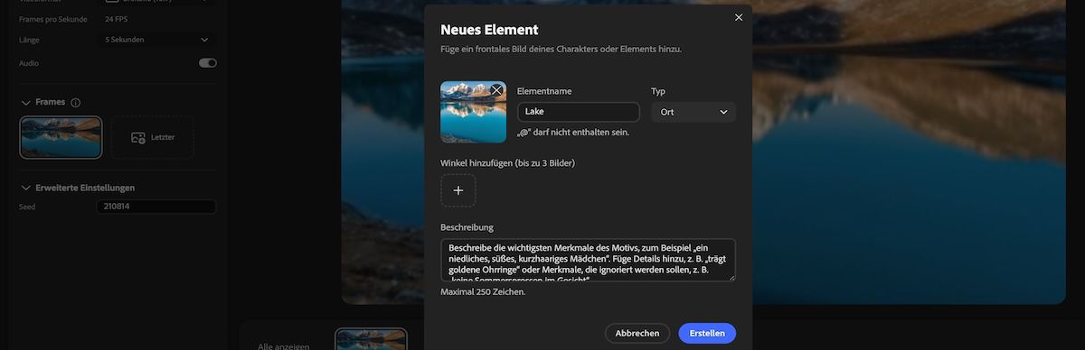 Bedienfeld „Neues Element" mit Feldern für Name, Typ, Referenzbild, Winkel und Beschreibungseingabe.