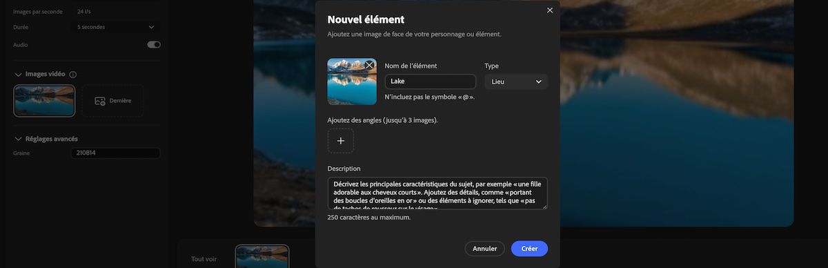 Panneau Nouvel élément avec des champs pour le nom, le type, l’image de référence, les angles et la saisie de description.