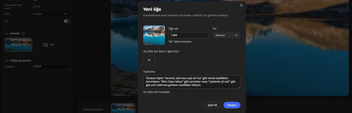 Ad, tür, referans görsel, açılar ve açıklama girişi için alanları bulunan Yeni Öğe paneli.