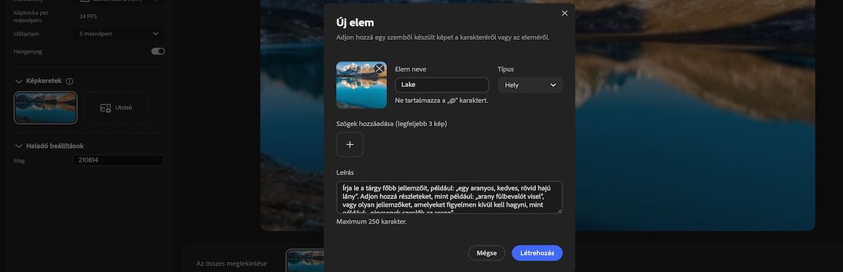 Új elem panel névhez, típushoz, referenciaképhez, szögekhez és leírás beviteléhez szükséges mezőkkel.