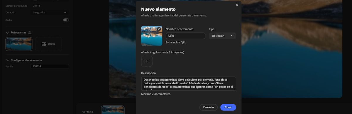 panel Elemento nuevo con campos para nombre, tipo, imagen de referencia, ángulos e introducción de descripción.
