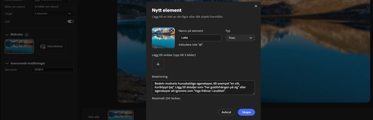 Panelen Nytt element med fält för namn, typ, referensbild, vinklar och beskrivning.