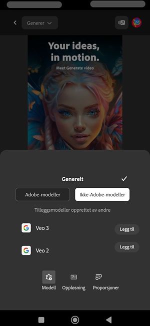 Generelt-delen er åpen, og ikke-Adobe-modeller er valgt. Fra listen over partnermodeller er Veo 2 valgt.