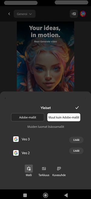 Yleiset-osio on avattuna ja valittuna on Muut kuin Adobe-mallit.Kumppanimallien luettelosta valitaan Veo 2.