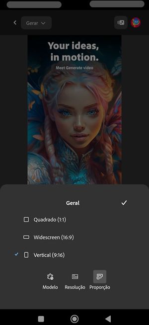 A opção Geral está aberta e a opção Proporção está selecionada. Duas opções estão listadas: Widescreen e Vertical, com Vertical (9:16) selecionado atualmente.