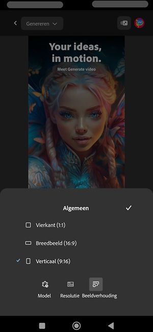 De optie Algemeen is geopend en de beeldverhouding is geselecteerd.Er worden twee opties weergegeven: breedbeeld en verticaal, waarbij verticaal (9:16) is geselecteerd.