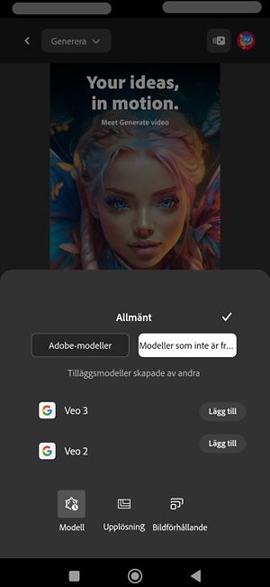 Avsnittet Allmänt är öppet och modeller som inte är från Adobe är markerade. Från listan över partnermodeller väljs Veo 3.