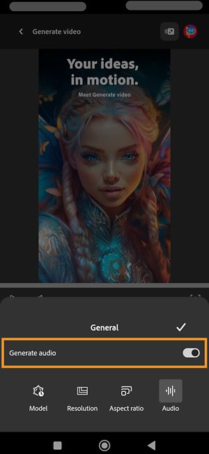 L’opzione Generale è aperta e Audio è selezionato. L’opzione Genera audio è abilitata, il che significa che il video verrà generato con audio corrispondente.