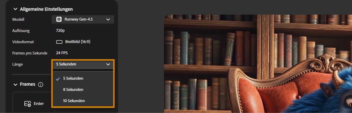 Im Dropdown-Menü Dauer unter Generierungseinstellungen stehen drei Optionen zur Auswahl - 5, 8 und 10 Sekunden.