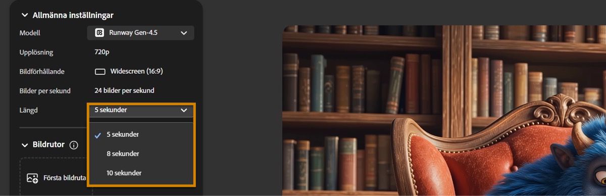 I listrutan Längd under Allmänna inställningar visas tre alternativ att välja mellan: 5, 8 och 10 sekunder.