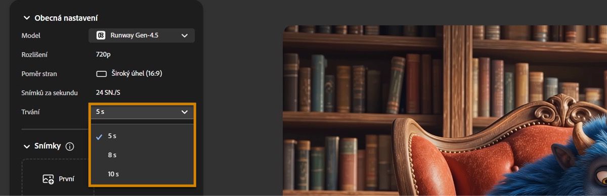 Rozbalovací nabídka Délka v rámci sekce Obecná nastavení zobrazuje tři možnosti – 5, 8 a 10 sekund.