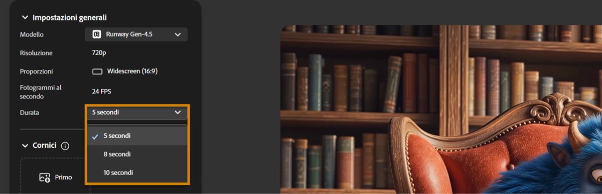 Il menu a discesa Durata nelle impostazioni generali mostra tre opzioni tra cui scegliere: 5, 8 e 10 secondi.