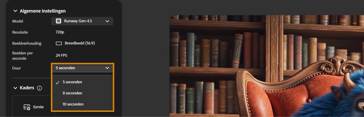 Het vervolgkeuzemenu Duur onder Algemene instellingen toont drie opties om uit te kiezen: 5, 8 en 10 seconden.