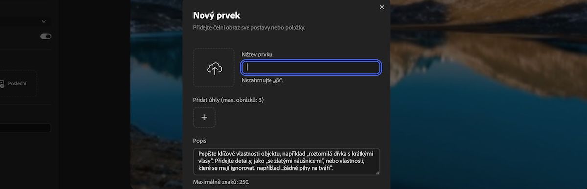 Panel Nový prvek s poli pro nahrání referenčních médií, zadání názvu prvku a přidání popisu.