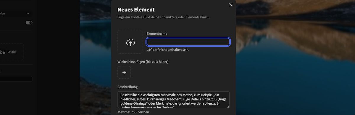 Neues Element-Bedienfeld mit Feldern zum Hochladen von Referenzmedien, Eingeben des Elementnamens und Hinzufügen einer Beschreibung.