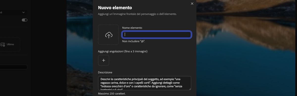 Pannello Nuovo elemento con campi per caricare media di riferimento, inserire il nome dell'elemento e aggiungere una descrizione.