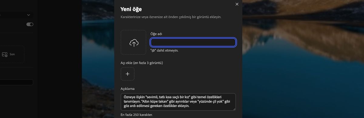 Referans medya yükleme, öğe adı girme ve açıklama ekleme alanları bulunan Yeni Öğe paneli.