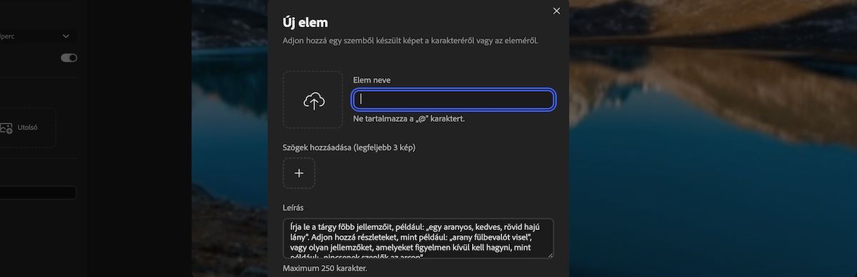Új elem panel mezőkkel a referenciamédia feltöltéséhez, az elem nevének megadásához és leírás hozzáadásához.