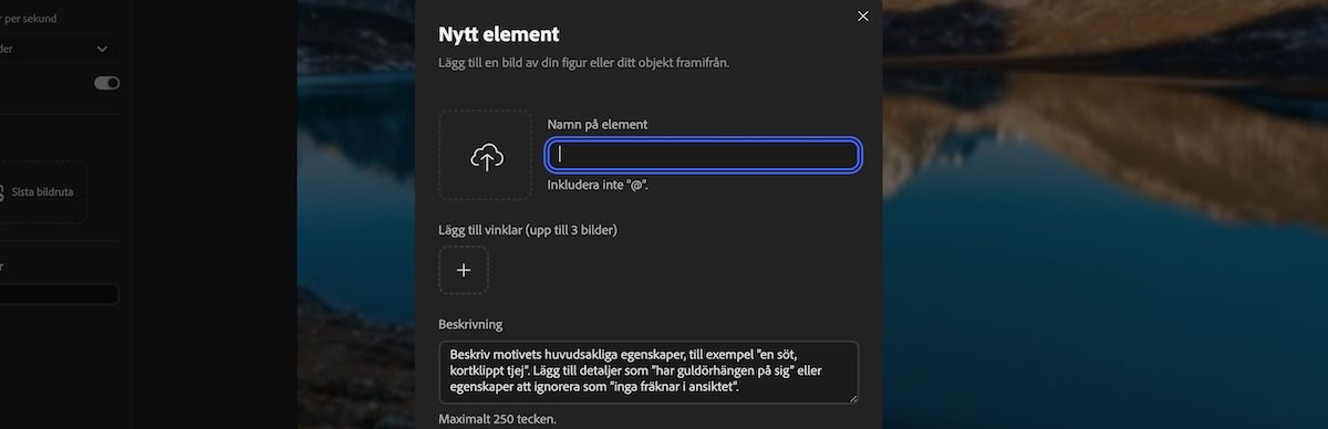Panelen Nytt element med fält för att ladda upp referensmedia, ange elementnamn och lägga till en beskrivning.