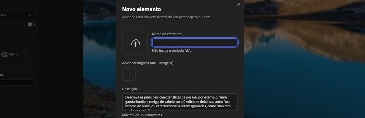 Painel Novo elemento com campos para fazer upload de mídia de referência, inserir nome do elemento e adicionar uma descrição.