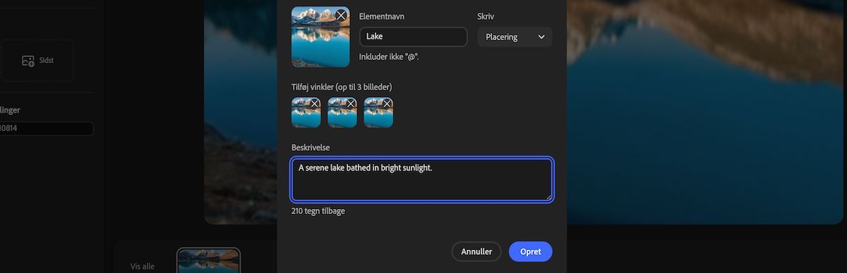 Et nyt Element-panel, der viser elementtypevalg, tilføjede vinkelbilleder og en beskrivelse føjet til beskrivelsesfeltet.