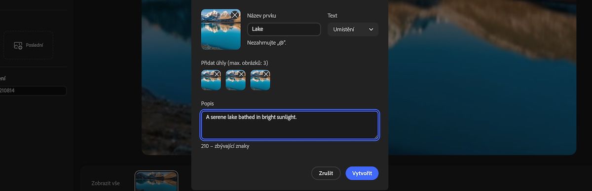 Panel Nový prvek zobrazující výběr typu prvku, přidané obrázky úhlů a popis přidaný do pole popisu.