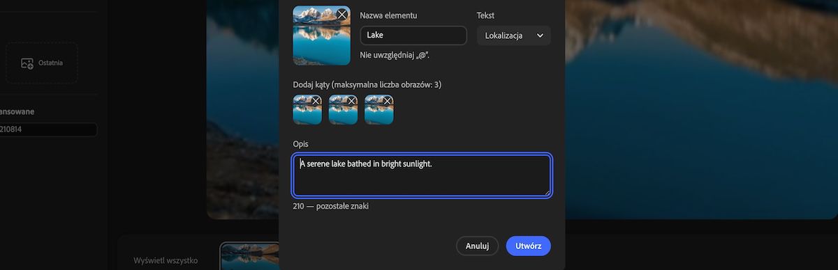 Panel Nowy element pokazujący wybór typu elementu, dodane obrazy z różnych kątów i opis dodany do pola opisu.