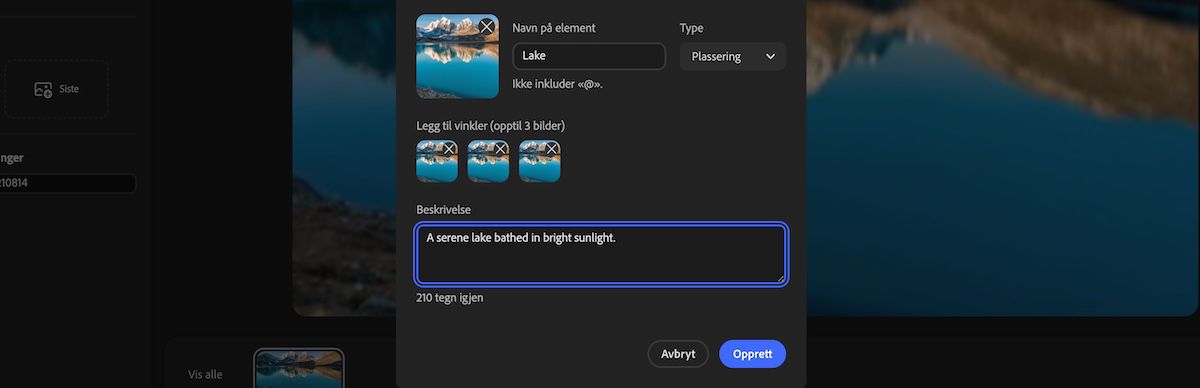 Nytt Element-panel som viser valg av elementtype, tillagte vinkelbilder og en beskrivelse lagt til i beskrivelsesfeltet.