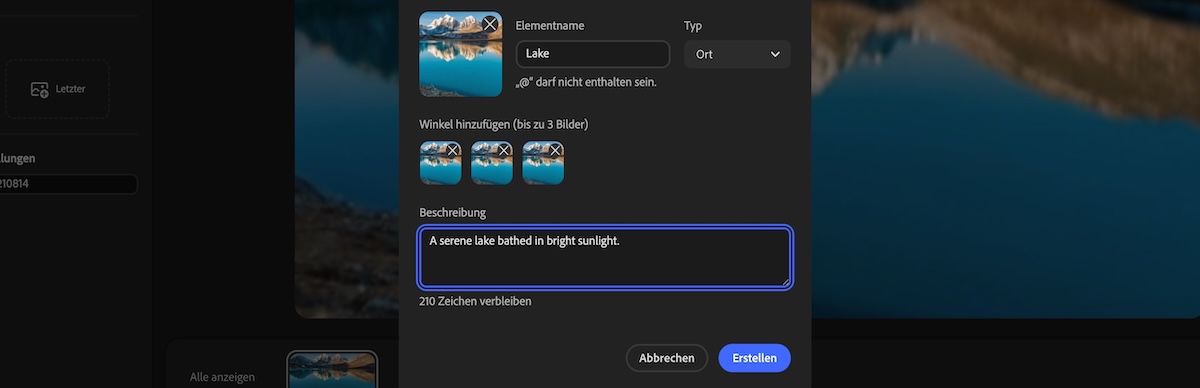 Neues Element-Bedienfeld mit Elementtyp-Auswahl, hinzugefügten Winkelbildern und einer Beschreibung im Beschreibungsfeld.