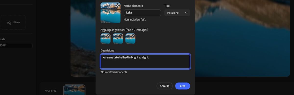 Pannello Nuovo elemento che mostra la selezione del tipo di elemento, le immagini di angolazione aggiunte e una descrizione aggiunta al campo descrizione.