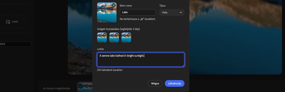 Új Elem panel, amelyen az elemtípus kiválasztása látható, szögábrázolások lettek hozzáadva, valamint a leírás mezőben olvasható a leírás.