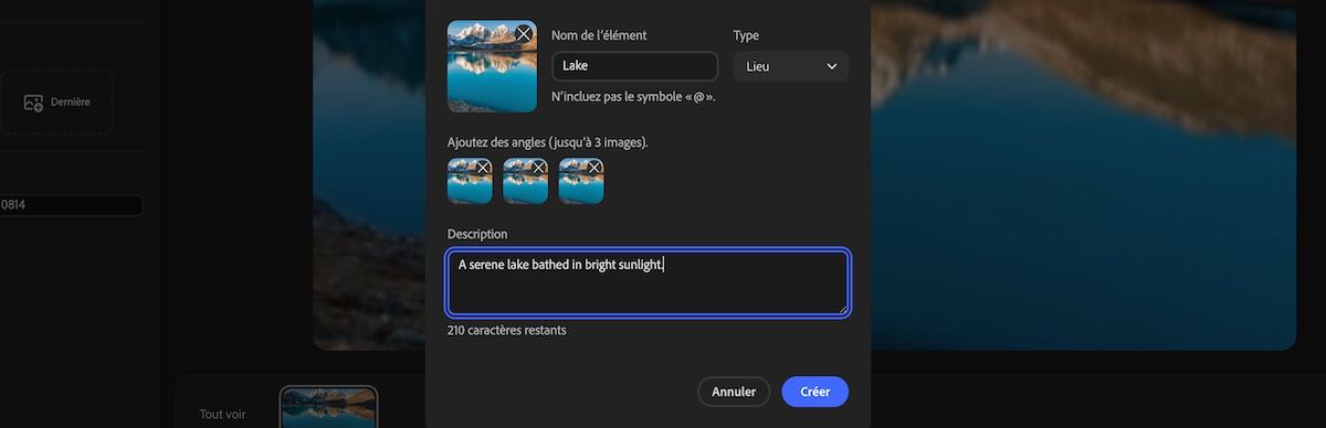Panneau « Nouvel élément » affichant la sélection du type d'élément, les images d'angle ajoutées et une description ajoutée au champ de description.
