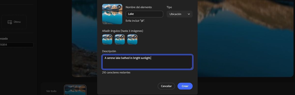 Panel Nuevo elemento que muestra la selección de tipo de elemento, imágenes de ángulo añadidas y una descripción añadida al campo de descripción.