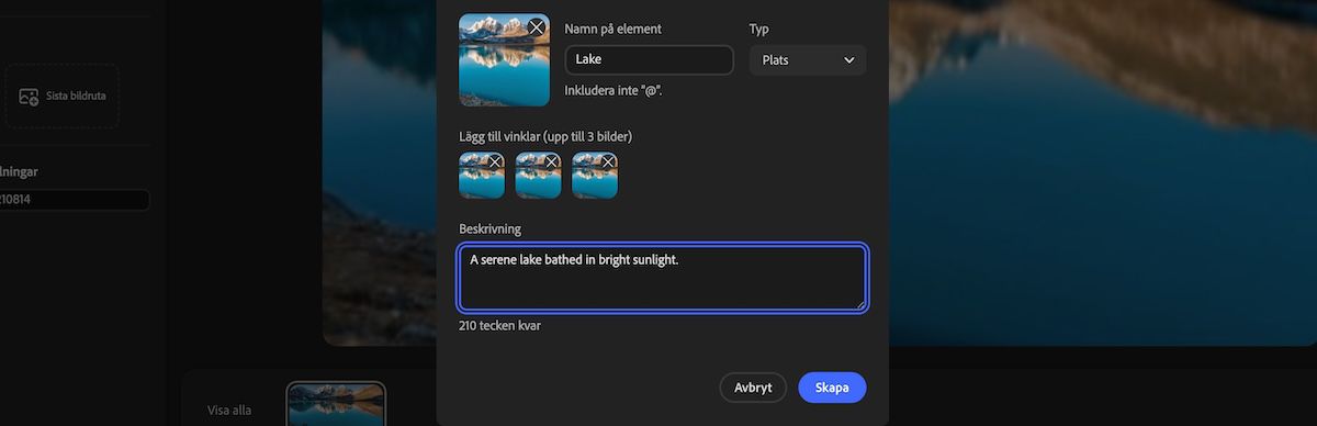 Ny Element-panel som visar val av elementtyp, tillagda vinkelbilder och en beskrivning tillagd i beskrivningsfältet.