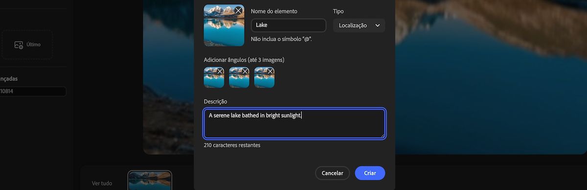 Painel Novo elemento mostrando seleção de tipo de elemento, imagens de ângulo adicionadas e uma descrição adicionada ao campo de descrição.