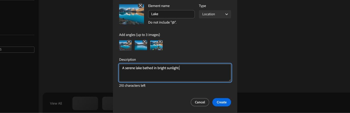 New Element panel showing element type selection, added angle images, and a description added to the description field.