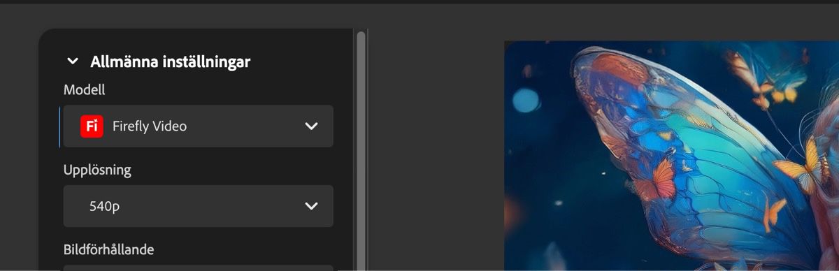 I avsnittet Allmänna inställningar, under alternativet Modell är Firefly Video valt.