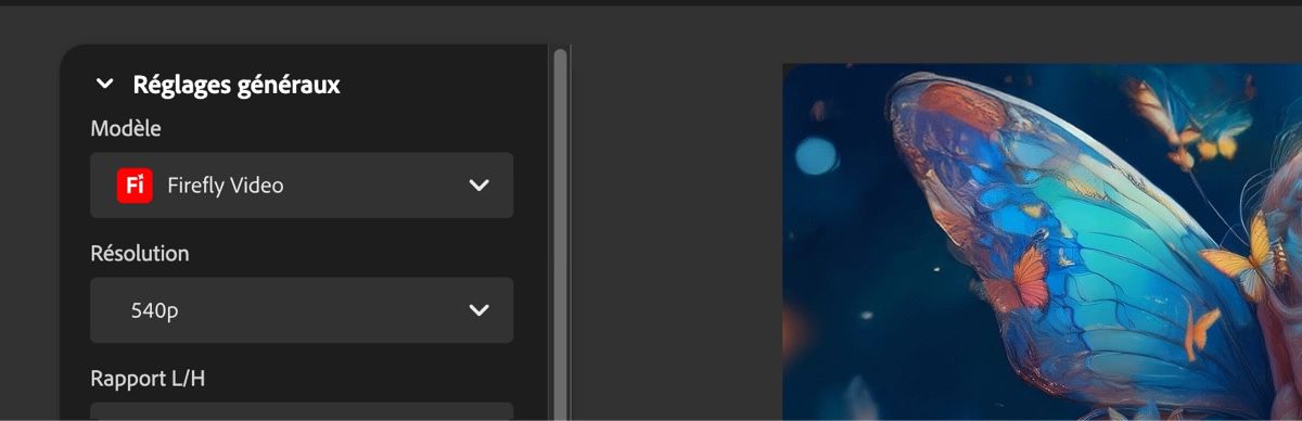 Dans la section Réglages généraux, sous l’option Modèle, Firefly Video est sélectionné.