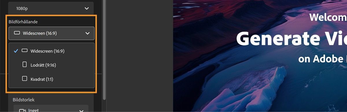 I avsnittet Bildförhållande är listrutan öppen och bland alternativen i listan är Widescreen (16:9) valt.