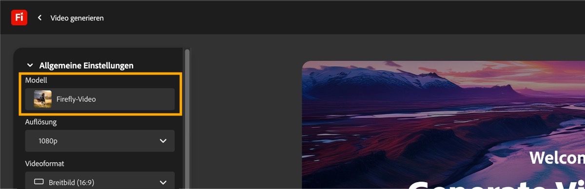 Im Abschnitt „Allgemeine Einstellungen“ ist unter „Modell“ die Option „Firefly Video“ ausgewählt.