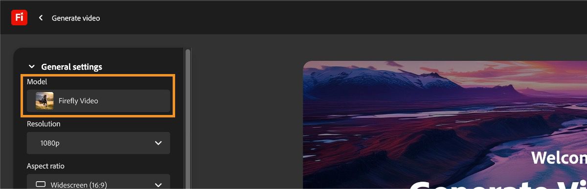 In the General settings section, under the Model option, Firefly Video is selected.