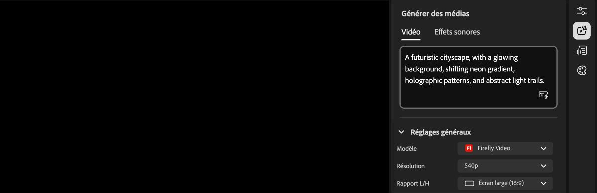 L'écran d'accueil de l'éditeur vidéo affiche le panneau Paramètres de génération sur la droite et une zone de texte pour saisir un prompt.