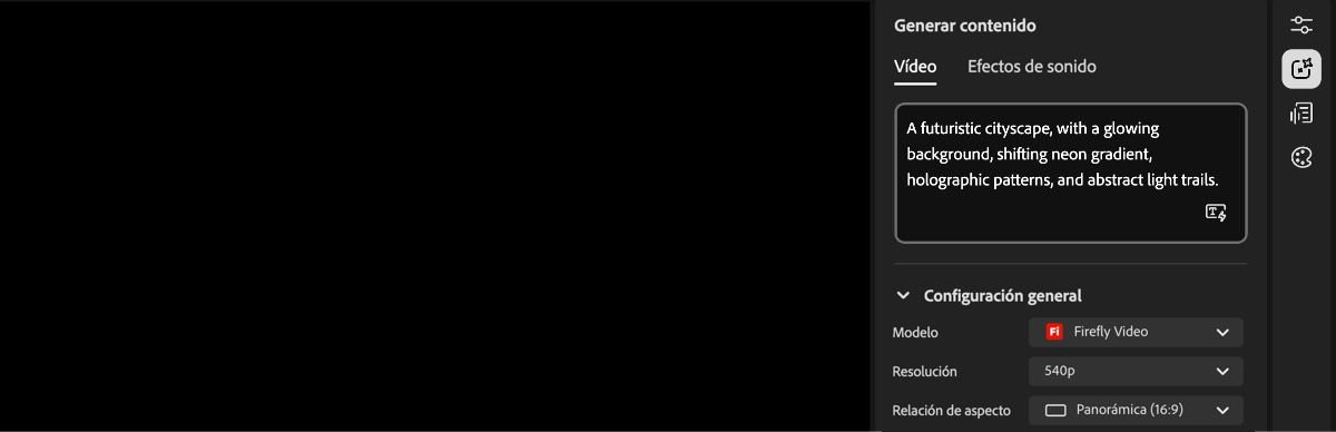 La pantalla de inicio del editor de Video muestra el panel de Configuración de generación a la derecha y un cuadro de texto para introducir una indicación.