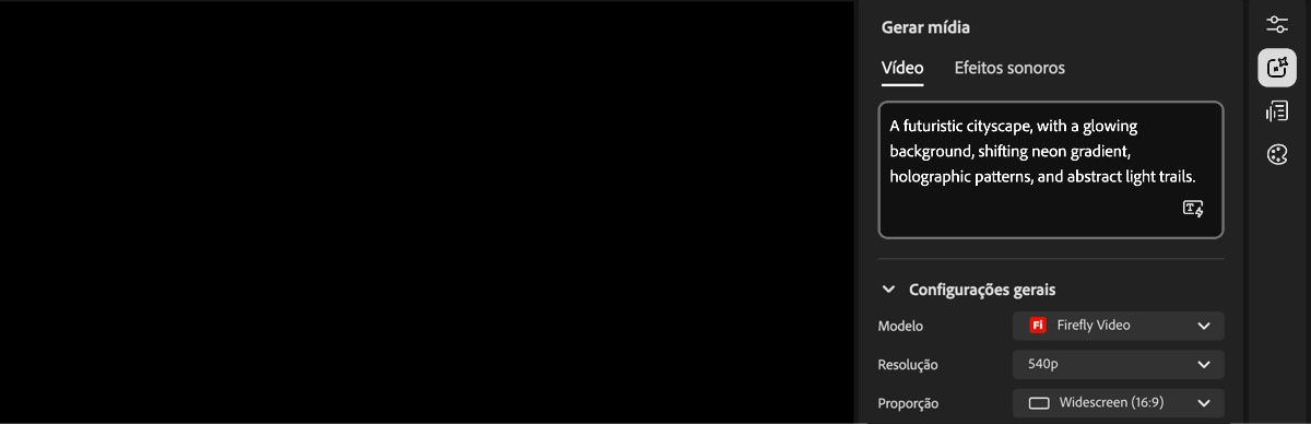 A tela inicial do Editor de vídeo exibe o painel Configurações de geração à direita e uma caixa de texto para inserir um prompt.