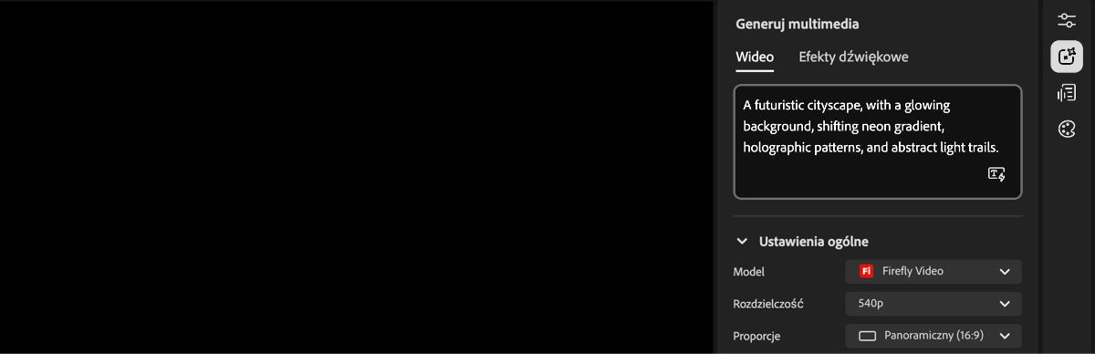 Ekran główny edytora wideo wyświetla panel Ustawienia generowania po prawej stronie oraz pole tekstowe do wprowadzania polecenia.