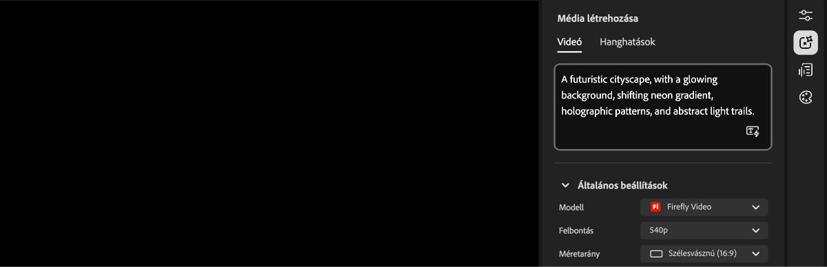 A Videószerkesztő kezdőképernyője a jobb oldalon megjeleníti a Létrehozási beállítások panelt és egy szövegdobozt az utasítás megadásához.