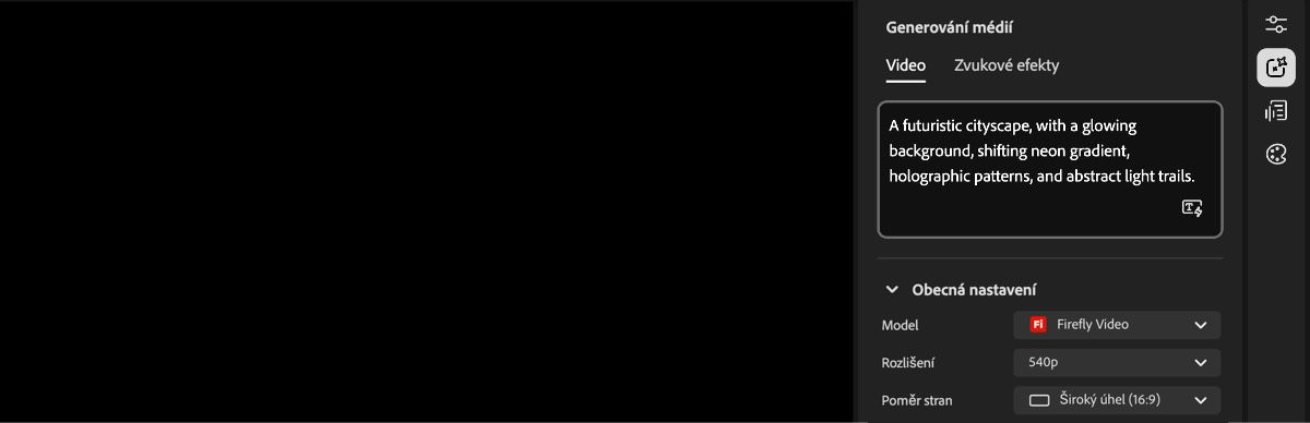 Domovská obrazovka Video editoru zobrazuje panel Nastavení generování vpravo a textové pole pro zadání textu.